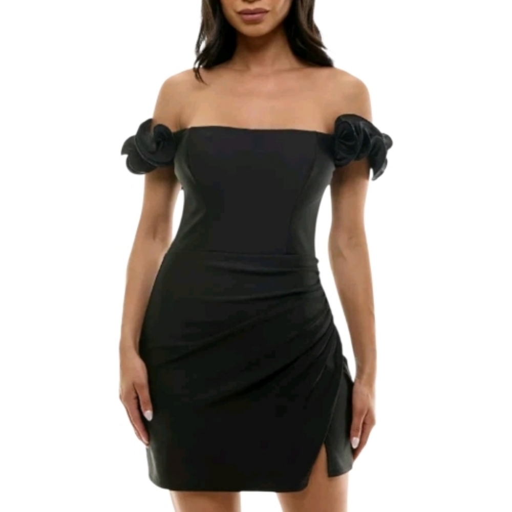 B Darlin Juniors' Ruffled Black Off-The-Shoulder Bodycon Dress 3/4 - Picture 7 of 8